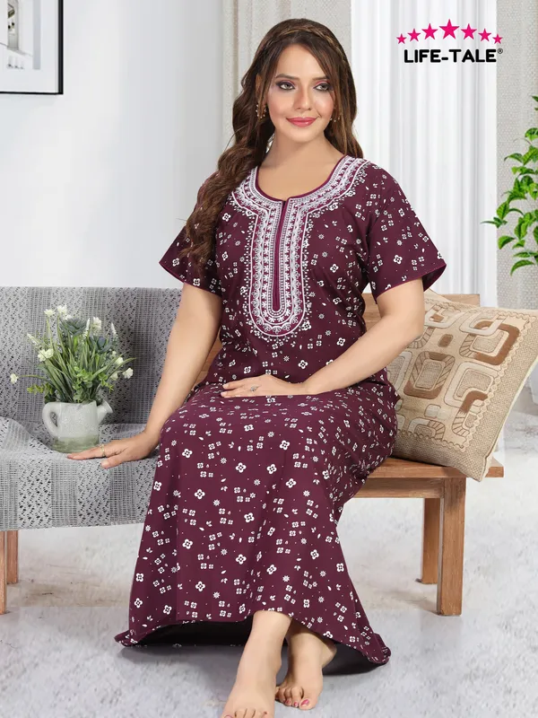 Wine_Cotton_Regular_Maternity_&_Feeding_Long_Zip_Nighty_For_Women