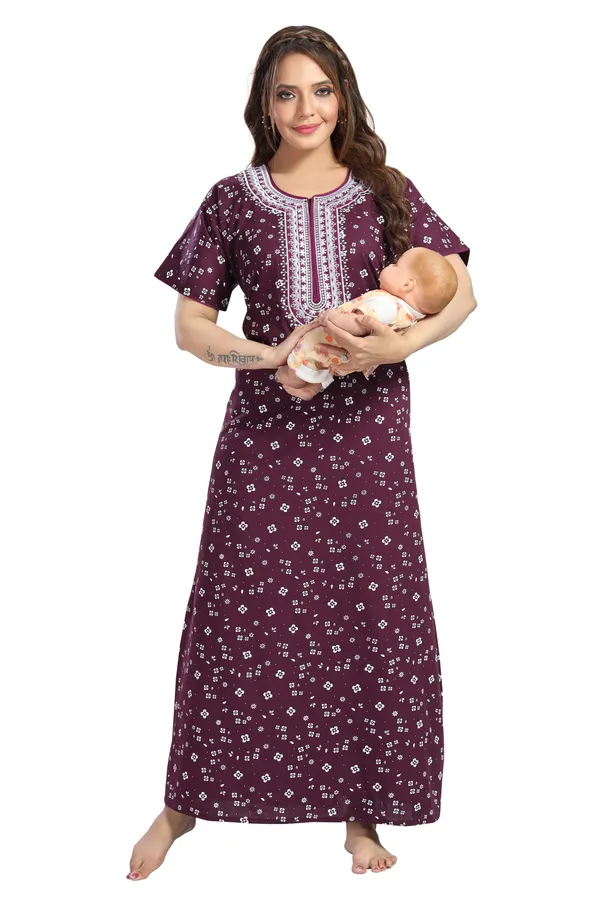 Wine_Cotton_Regular_Maternity_&_Feeding_Long_Zip_Nighty_For_Women