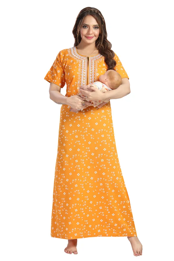 Yellow_Cotton_Regular_Maternity_&_Feeding_Long_Zip_Nighty_For_Women
