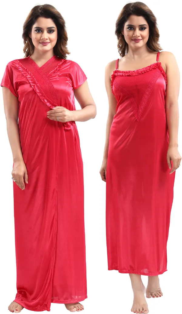 Cherry_Red_Satin_2_Pc_Solid_Honeymoon_&_Regular_Nighty_With_Robe_For_Women