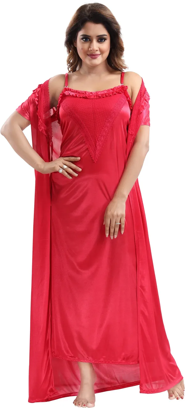 Cherry_Red_Satin_2_Pc_Solid_Honeymoon_&_Regular_Nighty_With_Robe_For_Women