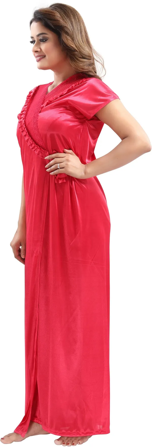 Cherry_Red_Satin_2_Pc_Solid_Honeymoon_&_Regular_Nighty_With_Robe_For_Women