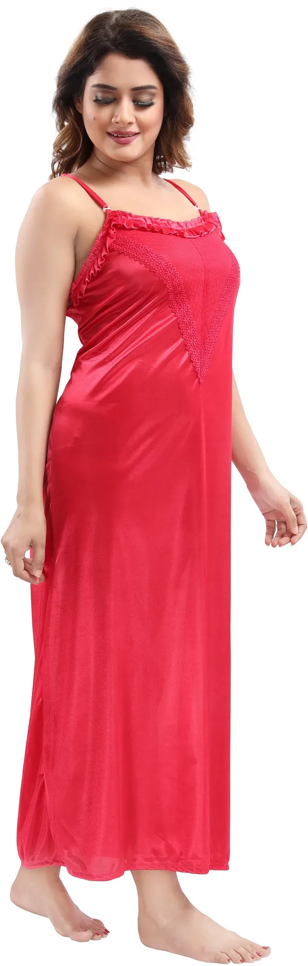 Cherry_Red_Satin_2_Pc_Solid_Honeymoon_&_Regular_Nighty_With_Robe_For_Women