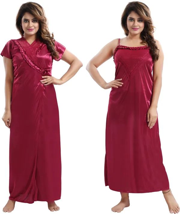 Pack_of_2_Magenta_Satin_Solid_Honeymoon_Nighty_With_Robe_For_Women