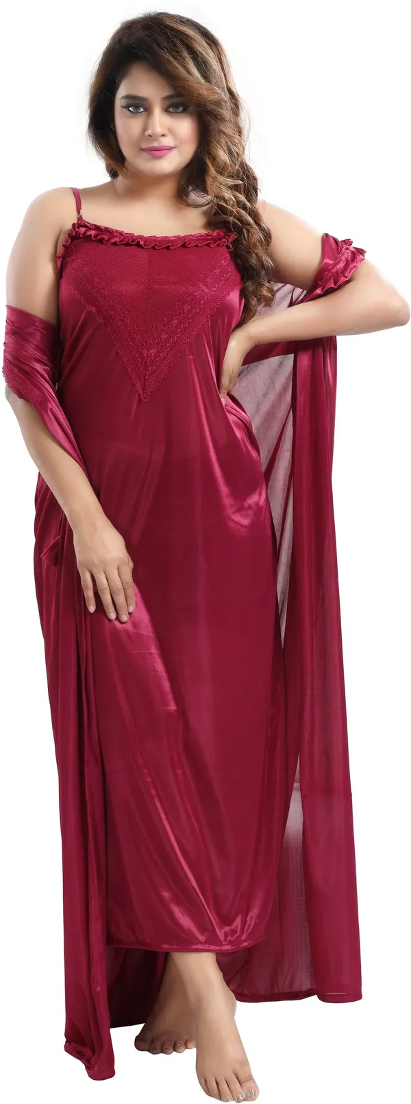 Pack_of_2_Magenta_Satin_Solid_Honeymoon_Nighty_With_Robe_For_Women