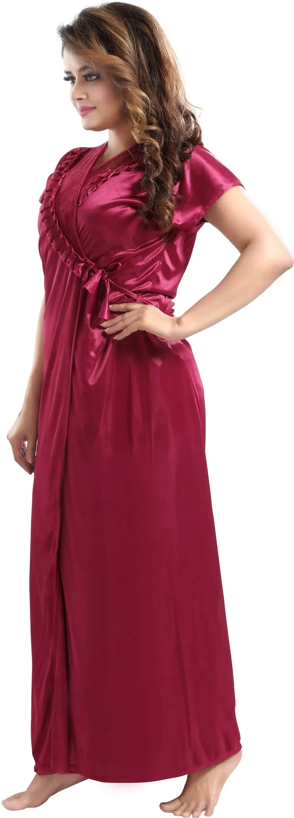 Pack_of_2_Magenta_Satin_Solid_Honeymoon_Nighty_With_Robe_For_Women