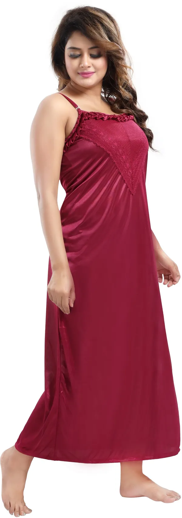 Pack_of_2_Magenta_Satin_Solid_Honeymoon_Nighty_With_Robe_For_Women