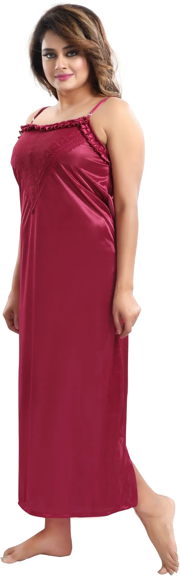 Pack_of_2_Magenta_Satin_Solid_Honeymoon_Nighty_With_Robe_For_Women