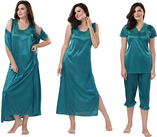 4-Piece_Green_Satin_Solid_Honeymoon_Nighty_Set_For_Women