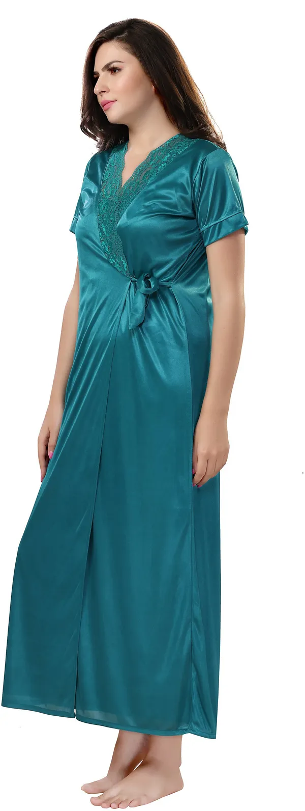 4-Piece_Green_Satin_Solid_Honeymoon_Nighty_Set_For_Women