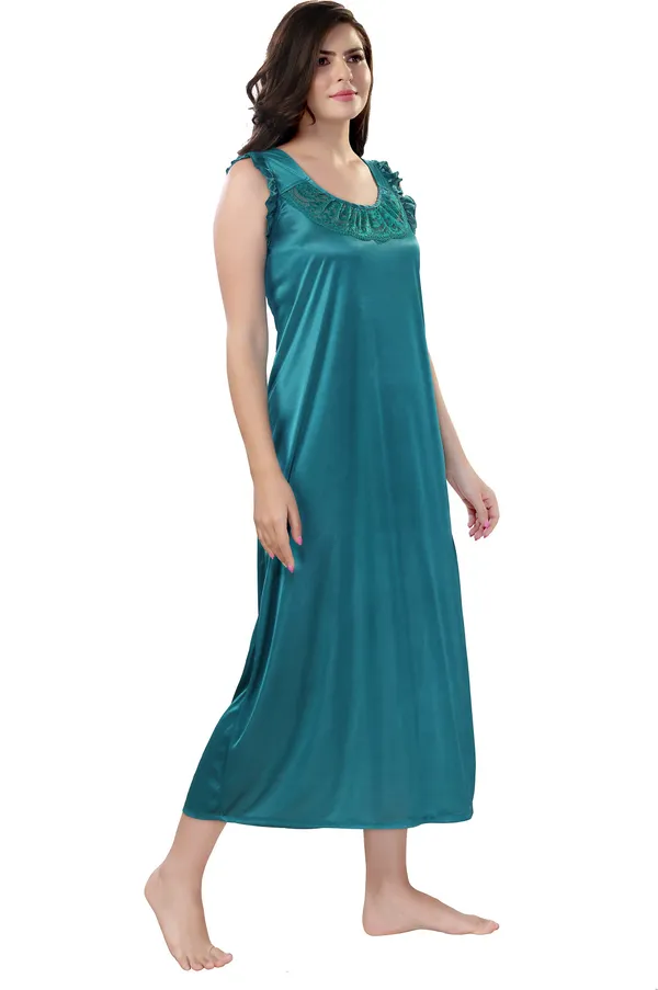 4-Piece_Green_Satin_Solid_Honeymoon_Nighty_Set_For_Women