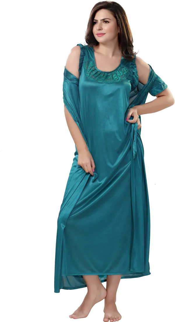 4-Piece_Green_Satin_Solid_Honeymoon_Nighty_Set_For_Women
