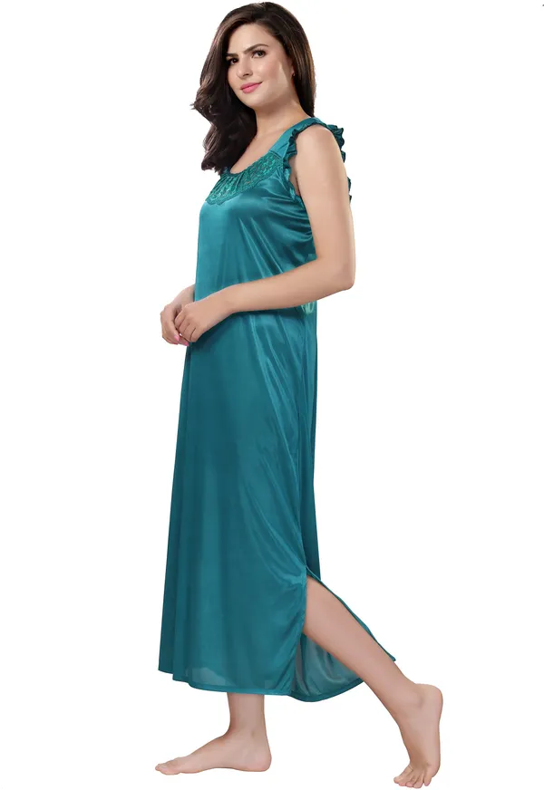 4-Piece_Green_Satin_Solid_Honeymoon_Nighty_Set_For_Women