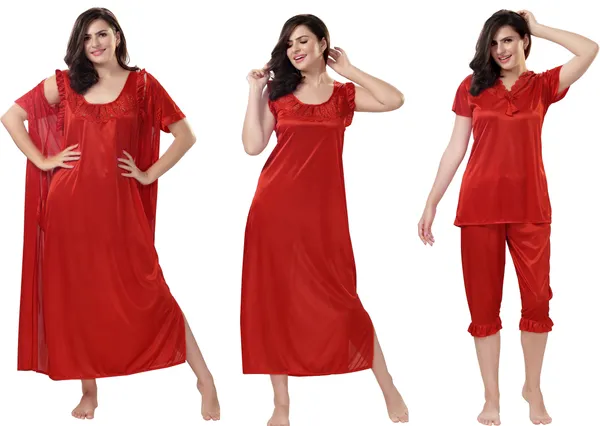4-Piece_Red_Satin_Solid_Honeymoon_Nighty_Set_For_Women