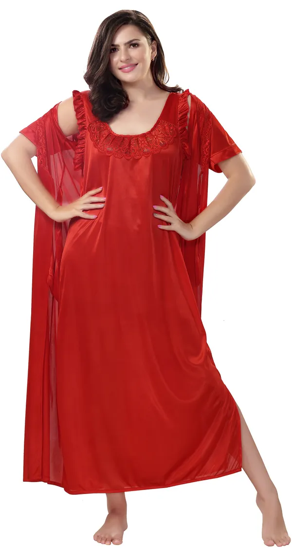 4-Piece_Red_Satin_Solid_Honeymoon_Nighty_Set_For_Women