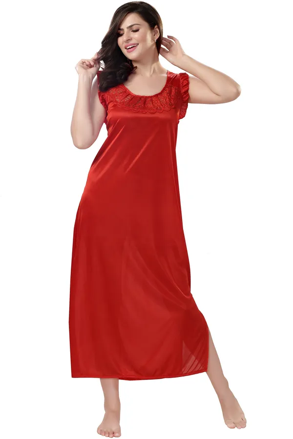 4-Piece_Red_Satin_Solid_Honeymoon_Nighty_Set_For_Women