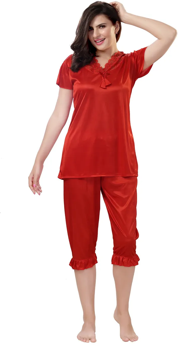 4-Piece_Red_Satin_Solid_Honeymoon_Nighty_Set_For_Women
