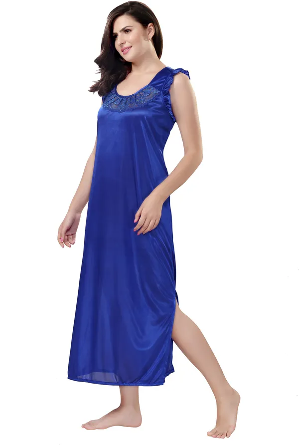 4-Piece_Blue_Satin_Solid_Honeymoon_Nighty_Set_For_Women