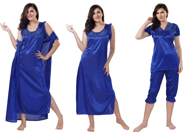 4-Piece_Blue_Satin_Solid_Honeymoon_Nighty_Set_For_Women