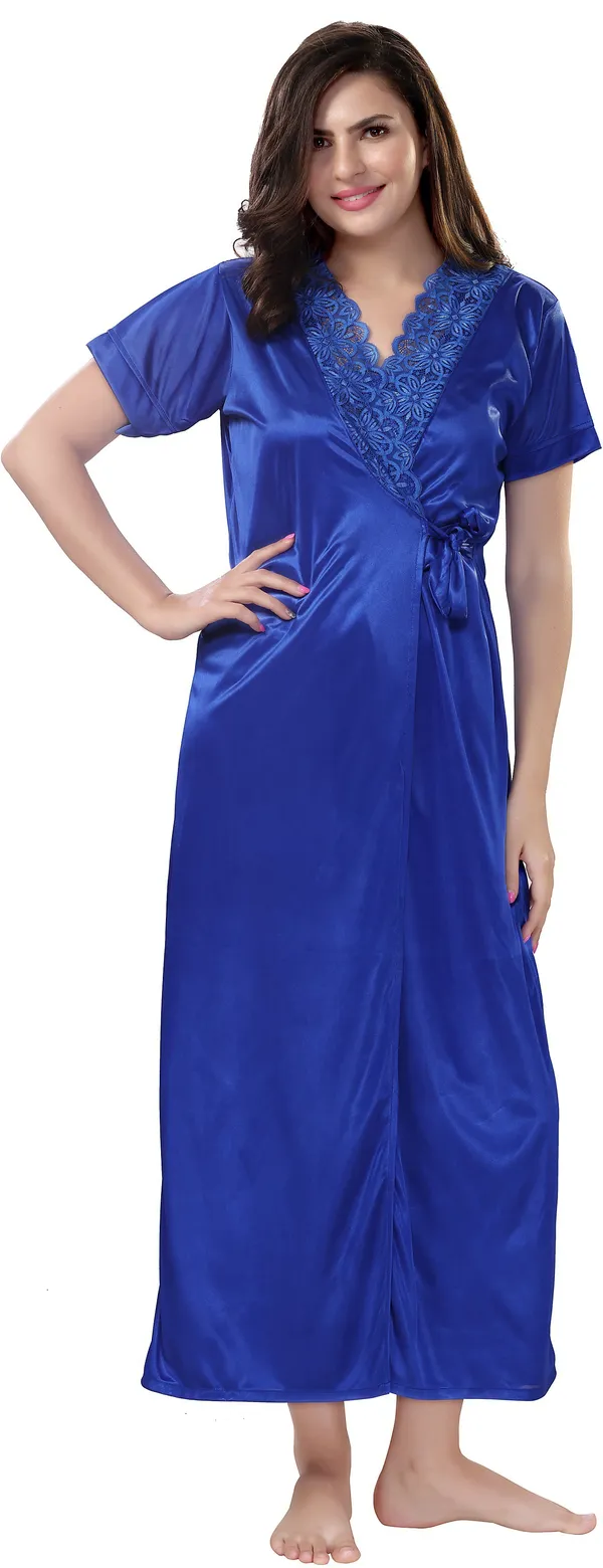 4-Piece_Blue_Satin_Solid_Honeymoon_Nighty_Set_For_Women