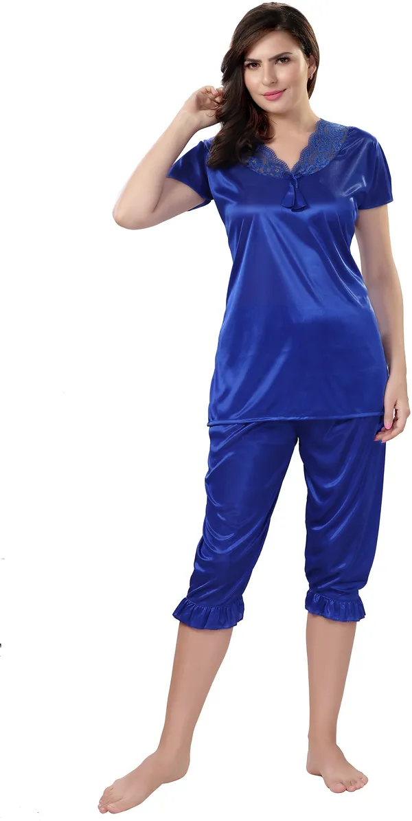 4-Piece_Blue_Satin_Solid_Honeymoon_Nighty_Set_For_Women