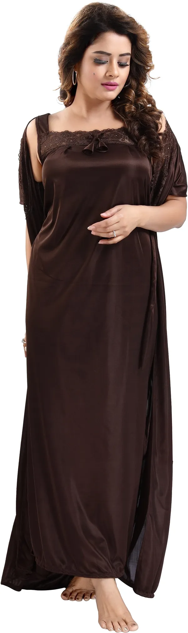 Pack_of_2_Brown_Satin_Self_Design_Honeymoon_Nighty_With_Robe_For_Women