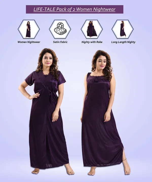 Pack_of_2_Purple_Satin_Self_Design_Honeymoon_Nighty_With_Robe_For_Women