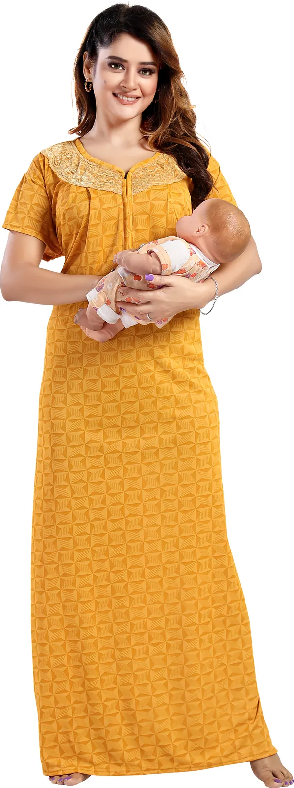 LIFE-TALE_Yellow_Satin_Checkered_Regular_Maternity_&_Nursing_Nighty_For_Women