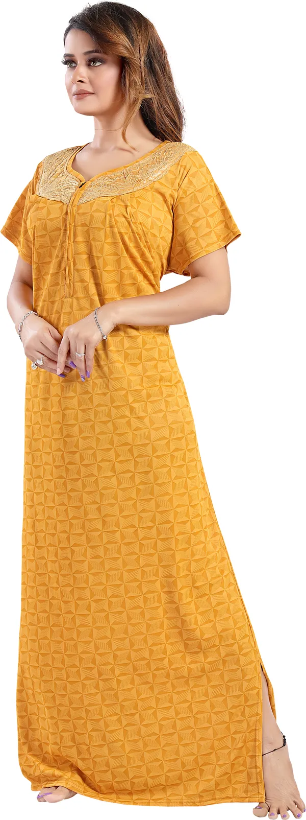 LIFE-TALE_Yellow_Satin_Checkered_Regular_Maternity_&_Nursing_Nighty_For_Women