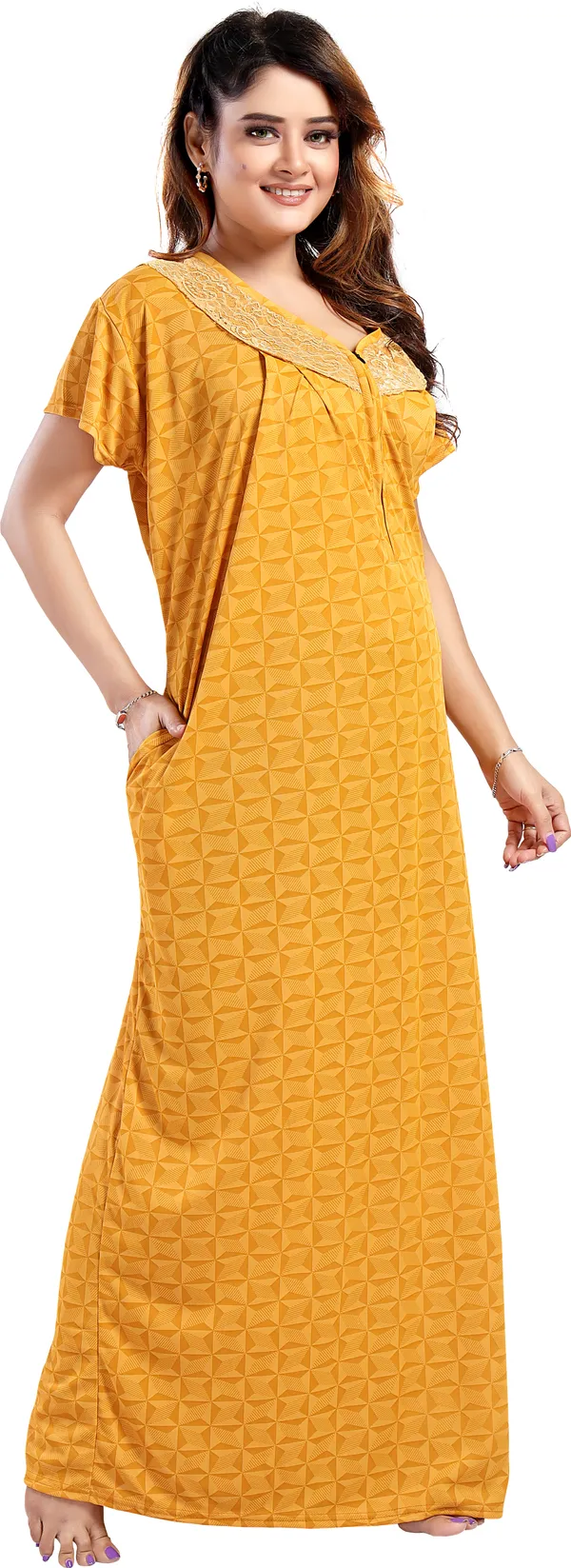 LIFE-TALE_Yellow_Satin_Checkered_Regular_Maternity_&_Nursing_Nighty_For_Women