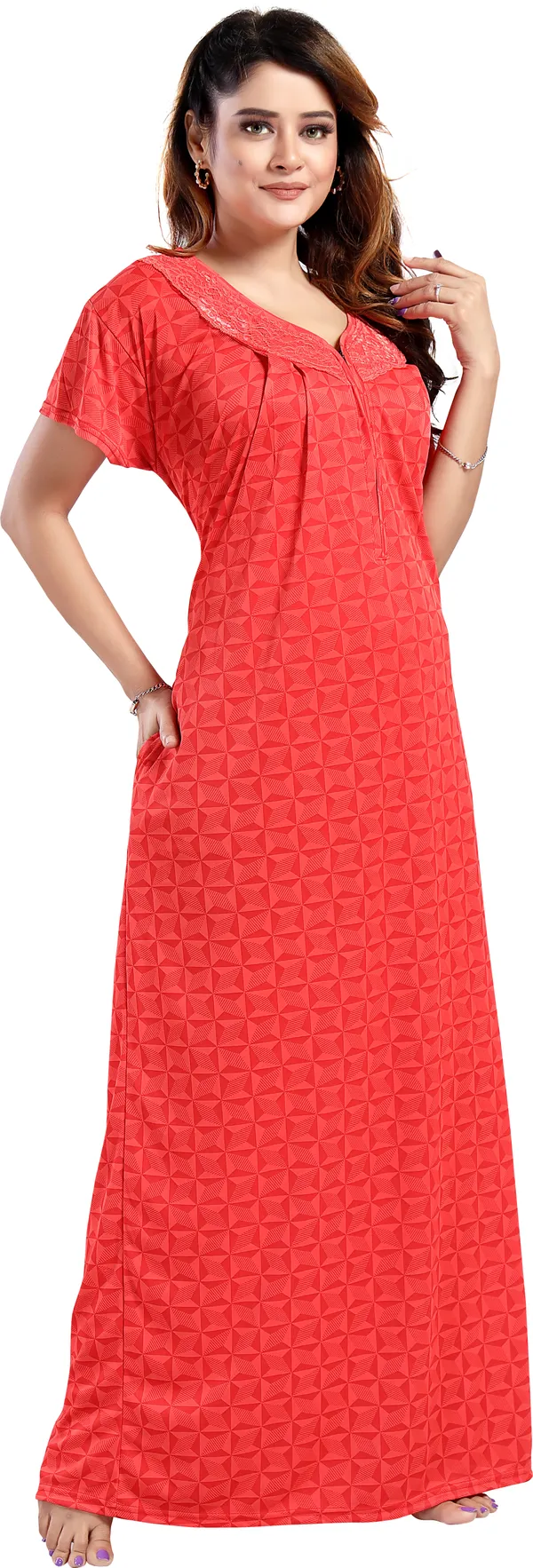 LIFE-TALE_Red_Satin_Checkered_Regular_Maternity_&_Nursing_Nighty_For_Women