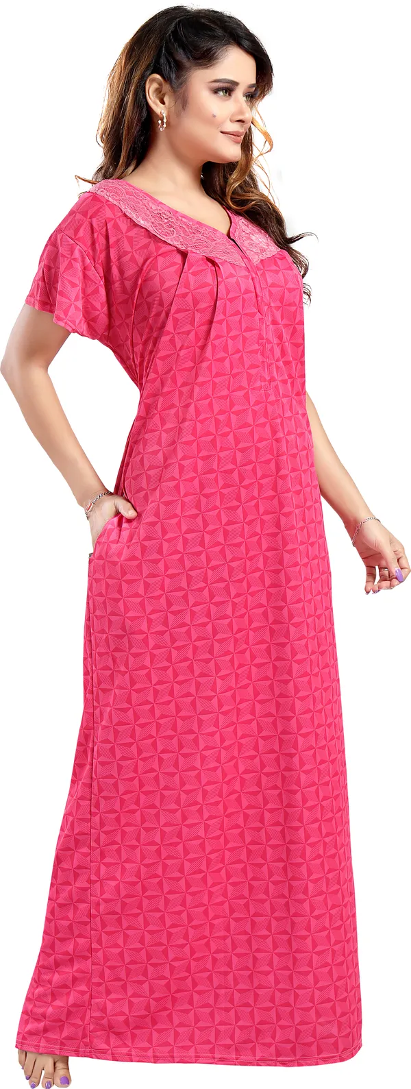 LIFE-TALE_Pink_Satin_Checkered_Regular_Maternity_&_Nursing_Nighty_For_Women