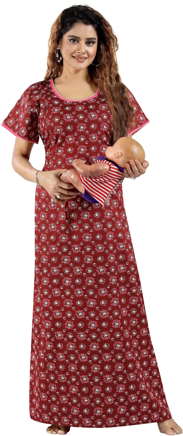 Maroon_Cotton_Self_Design_Regular_Maternity_&_Nursing_Nighty_For_Women