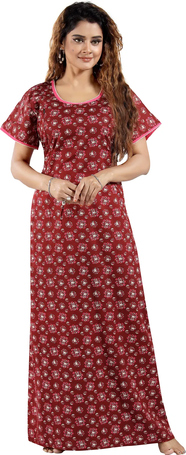 Maroon_Cotton_Self_Design_Regular_Maternity_&_Nursing_Nighty_For_Women