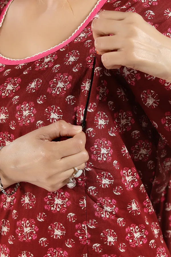 Maroon_Cotton_Self_Design_Regular_Maternity_&_Nursing_Nighty_For_Women