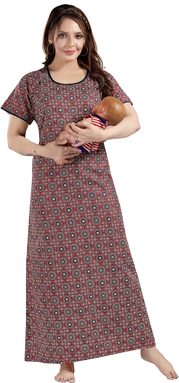Maroon_Cotton_Self_Design_Regular_Maternity_&_Nursing_Nighty_For_Women