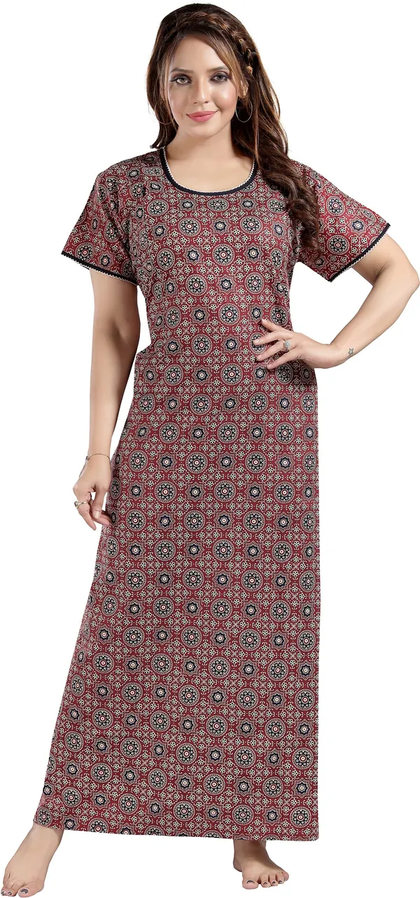 Maroon_Cotton_Self_Design_Regular_Maternity_&_Nursing_Nighty_For_Women