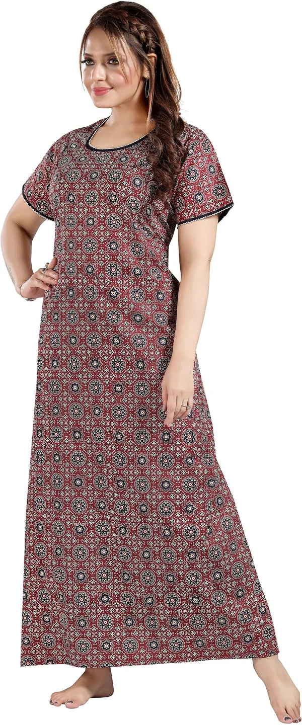 Maroon_Cotton_Self_Design_Regular_Maternity_&_Nursing_Nighty_For_Women