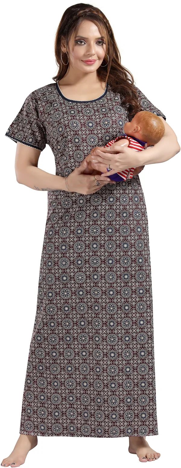 Brown_Cotton_Self_Design_Regular_Maternity_&_Nursing_Nighty_For_Women