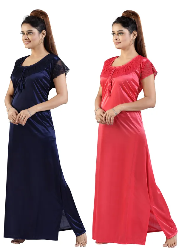 Pack_of_2__Navy_Blue+Peach_Satin_Solid_Honeymoon/Regular_Nighty_Combo