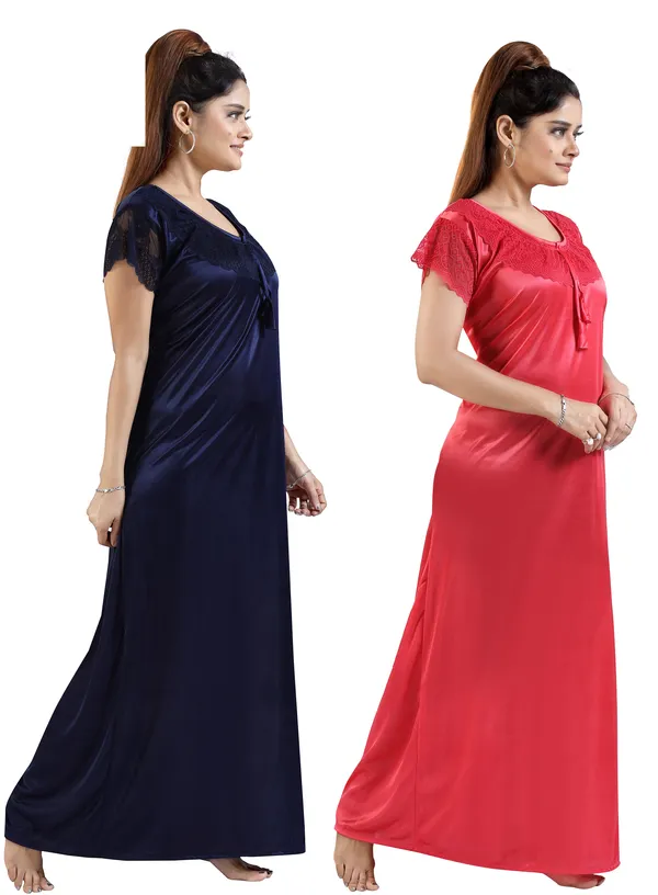 Pack_of_2__Navy_Blue+Peach_Satin_Solid_Honeymoon/Regular_Nighty_Combo