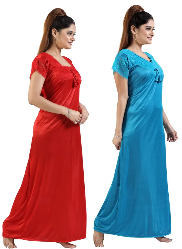 Pack_of_2__Red+Blue_Satin_Solid_Honeymoon/Regular_Nighty_Combo