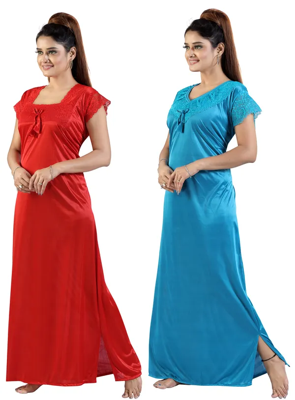 Pack_of_2__Red+Blue_Satin_Solid_Honeymoon/Regular_Nighty_Combo