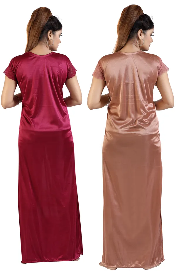 Pack_of_2__Wine+Beige_Satin_Solid_Honeymoon/Regular_Nighty_Combo