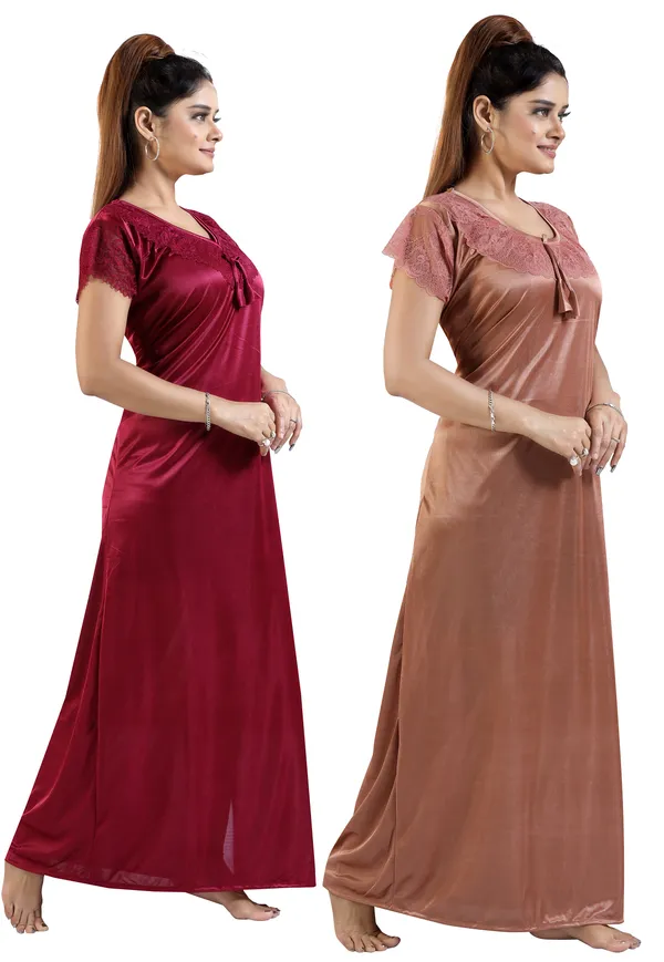 Pack_of_2__Wine+Beige_Satin_Solid_Honeymoon/Regular_Nighty_Combo