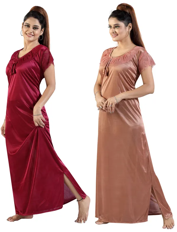 Pack_of_2__Wine+Beige_Satin_Solid_Honeymoon/Regular_Nighty_Combo