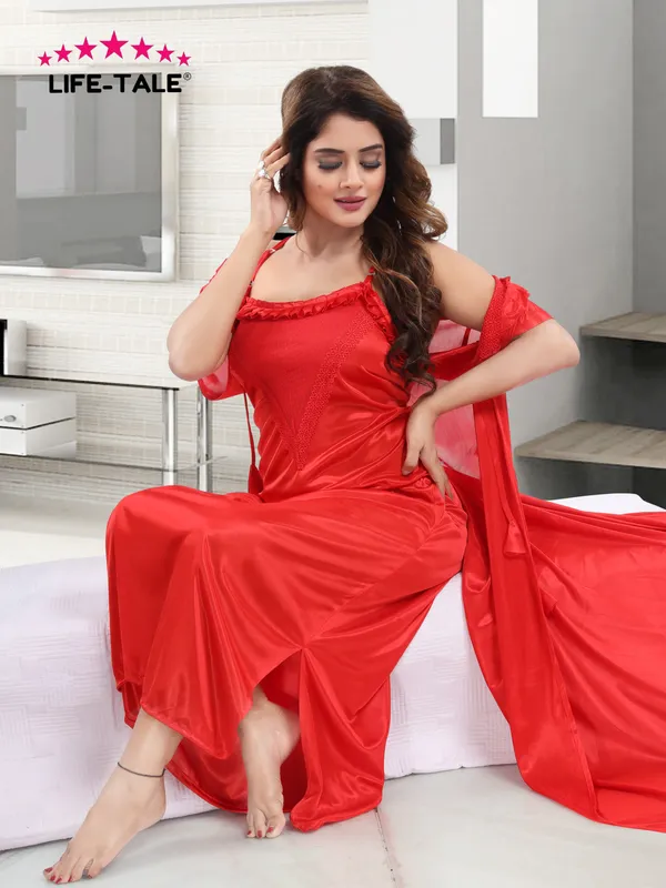 Red_Satin_2_Pc_Bridal_Nighty/Honeymoon/Regular_Nighty_with_Robe(Pack_of_2)
