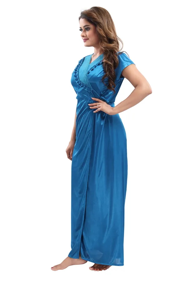 Royal_Blue_Satin_2_Pc_Bridal_Nighty/Honeymoon/Regular_Nighty_with_Robe(Pack_of_2)