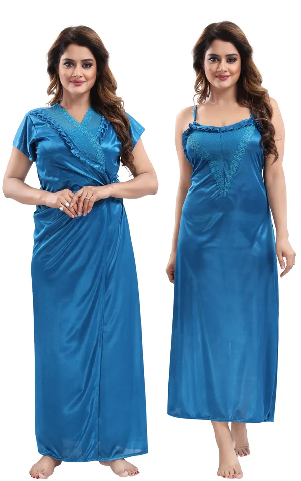 Royal_Blue_Satin_2_Pc_Bridal_Nighty/Honeymoon/Regular_Nighty_with_Robe(Pack_of_2)