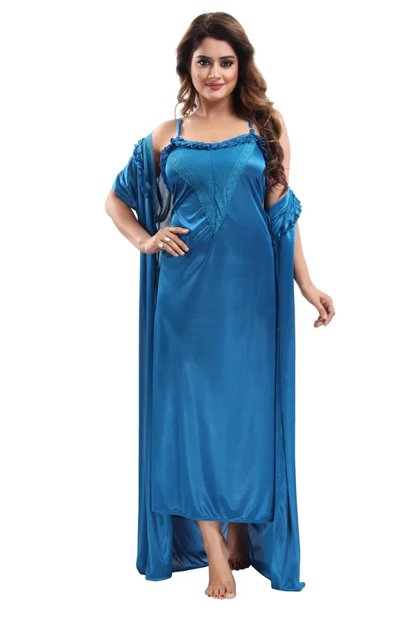 Royal_Blue_Satin_2_Pc_Bridal_Nighty/Honeymoon/Regular_Nighty_with_Robe(Pack_of_2)